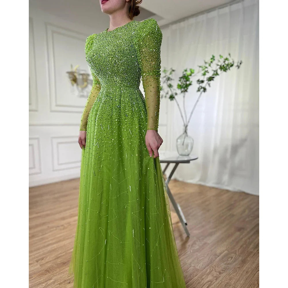 Green Mermaid Elegant With Skirt Sleeves Beaded Evening Dresses Gowns For Party LA71762