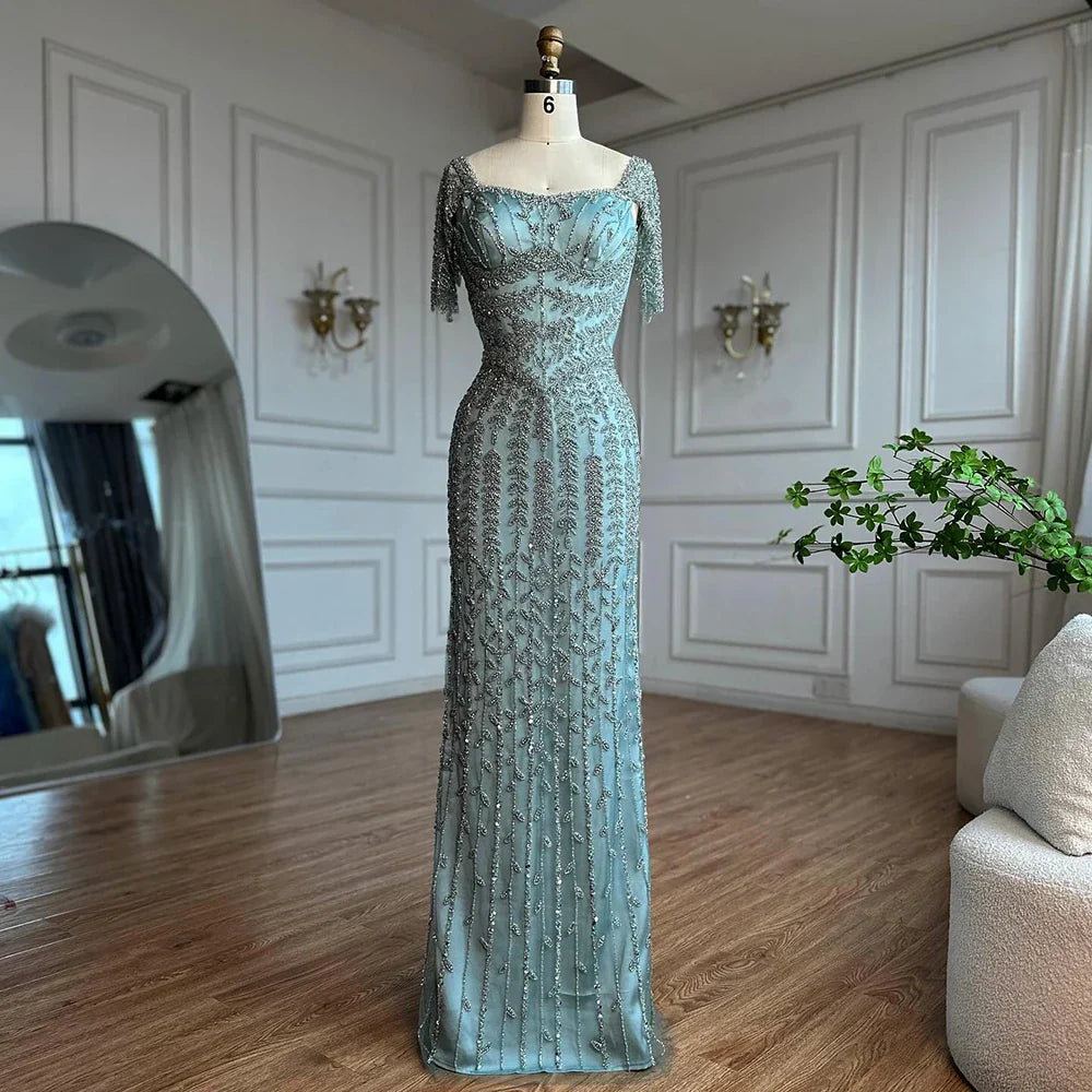 Pink Mermaid Beaded Evening Dress with Short Sleeves LA72787