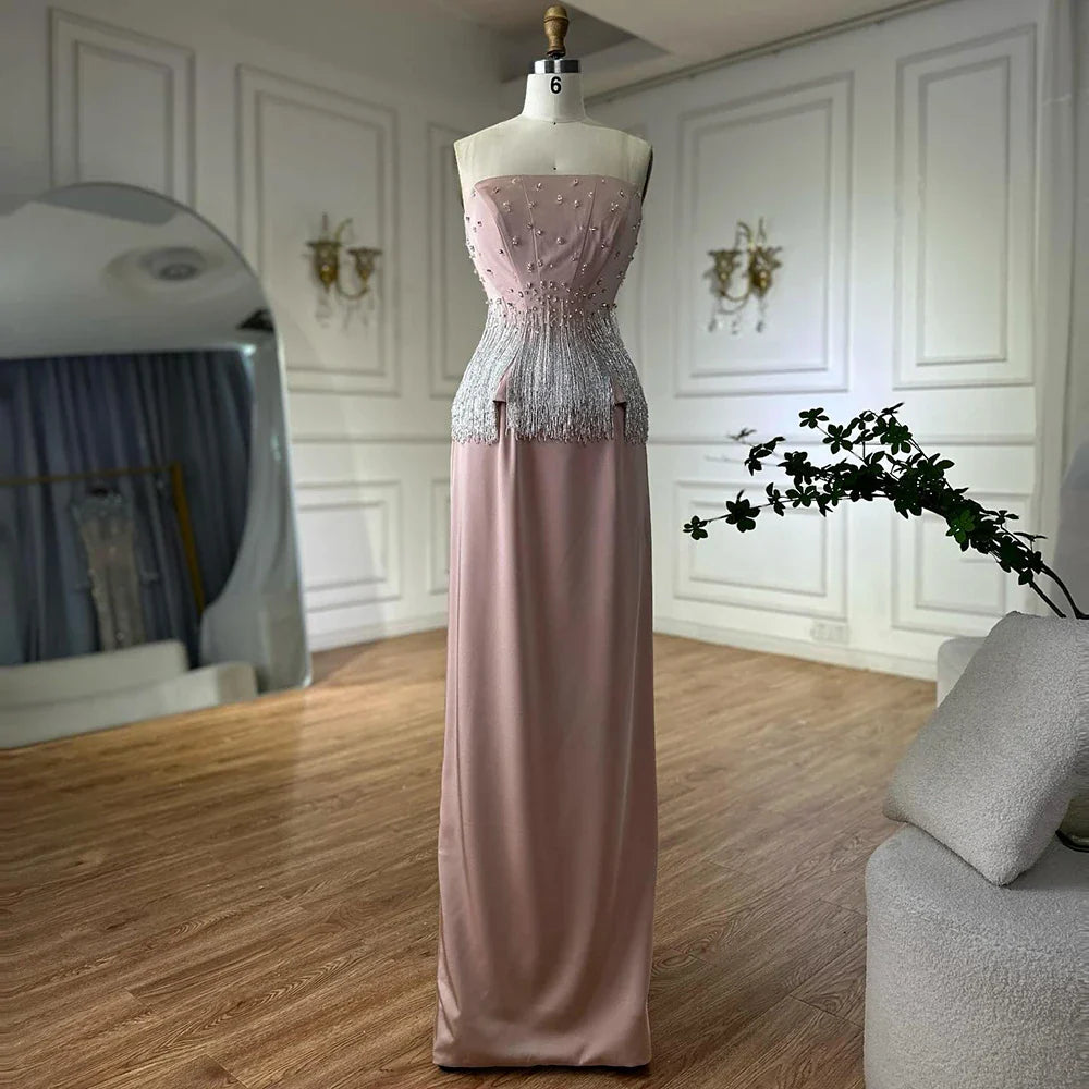 Luxury Dubai Saudi Nude Pink Arabic Mermaid Evening Dresses Gowns Beaded Tassel for Occasion LA72804