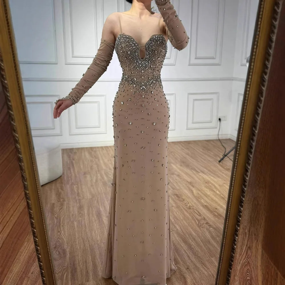 Luxury Nude Beaded Dress with Detachable Sleeves LA73065