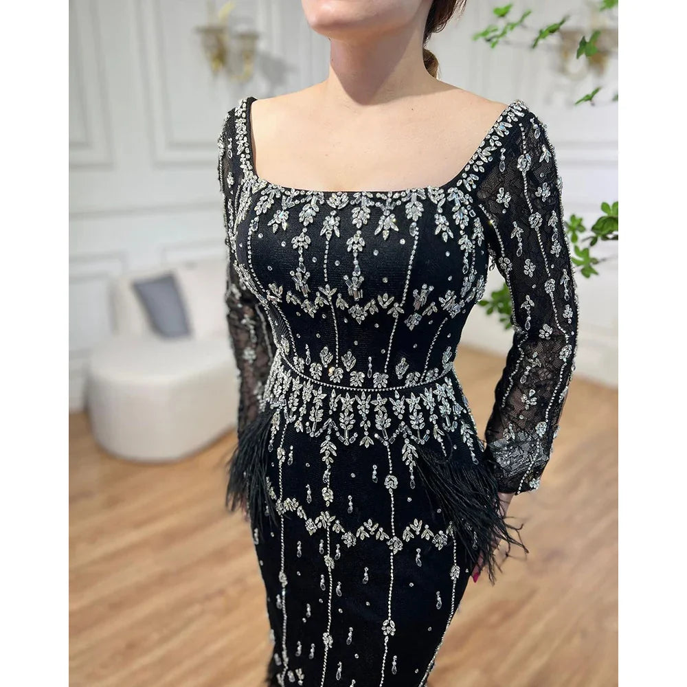 Luxury Black Feathers Midi Evening Dress with Long Sleeve LA71492AM