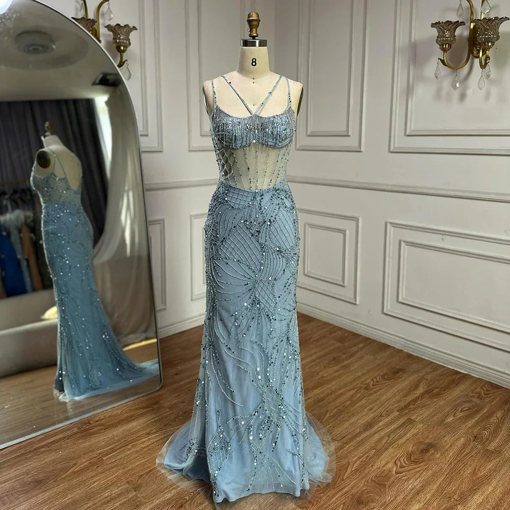 Luxury nude Spaghetti Strap Beaded Mesh Evening Dress LA72927