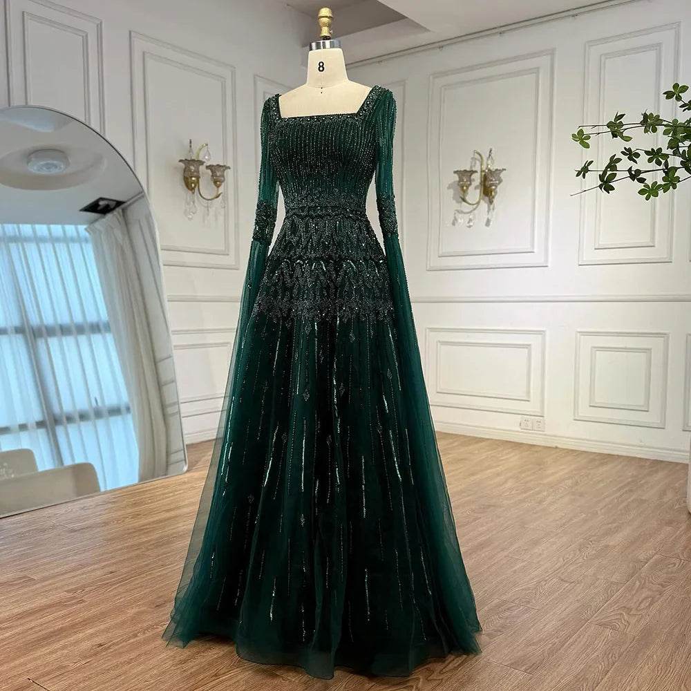 Luxury Green A-LineBeaded Evening Dress with Cape Sleeves LA73089