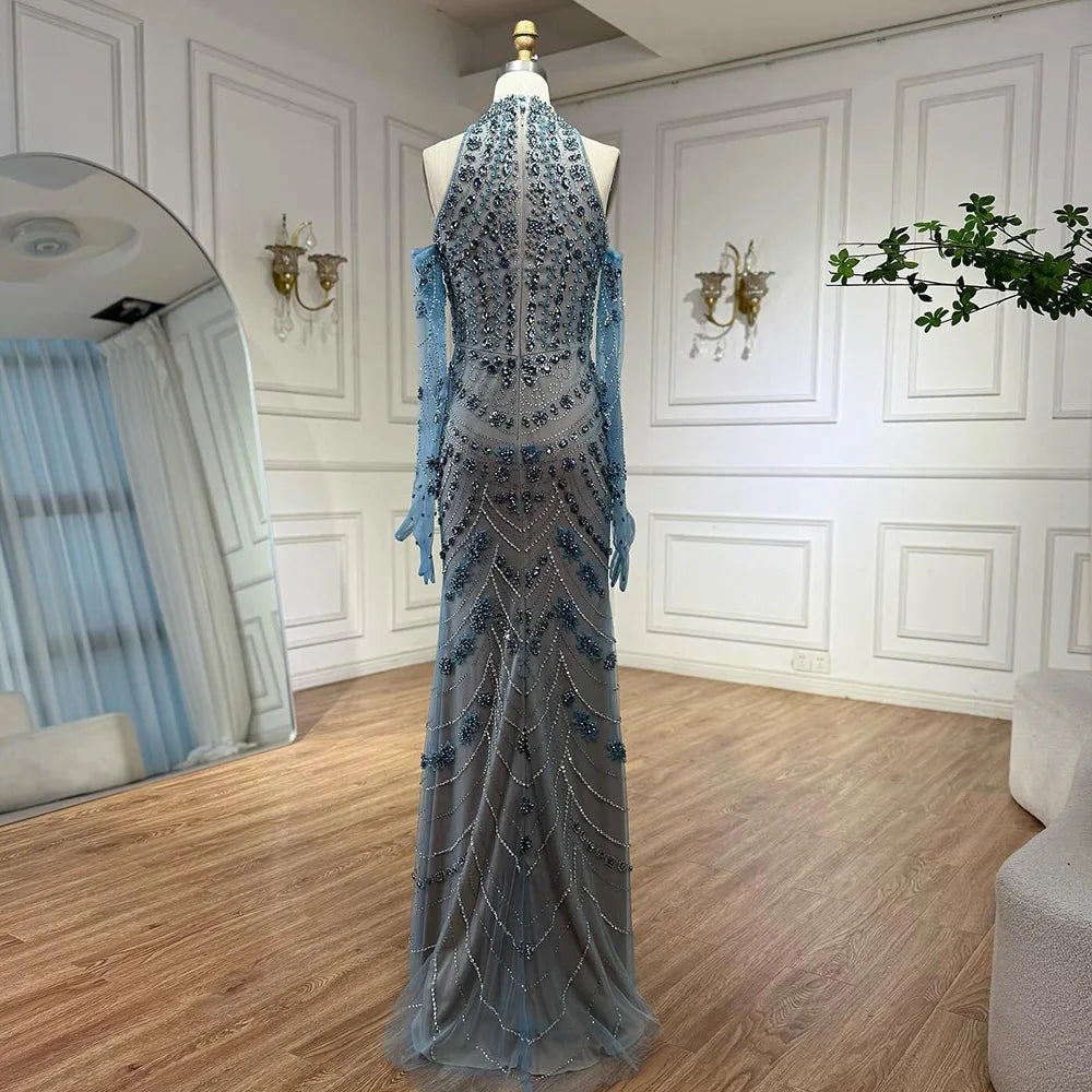 Luxury Dubai Arabic Blue Beaded Evening Dress with Gloves LA72760A
