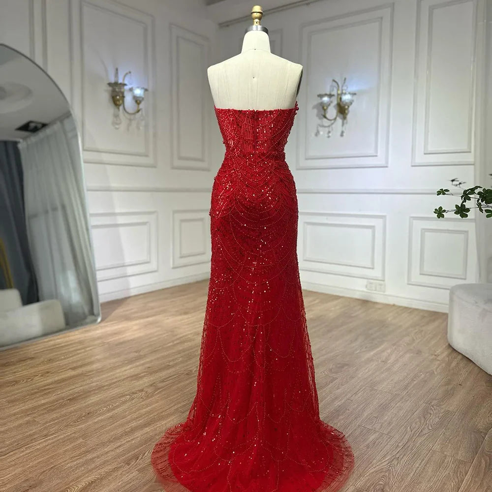 Red Long Cape Pearls Beaded Mermaid Evening Dress Gown LA72585A