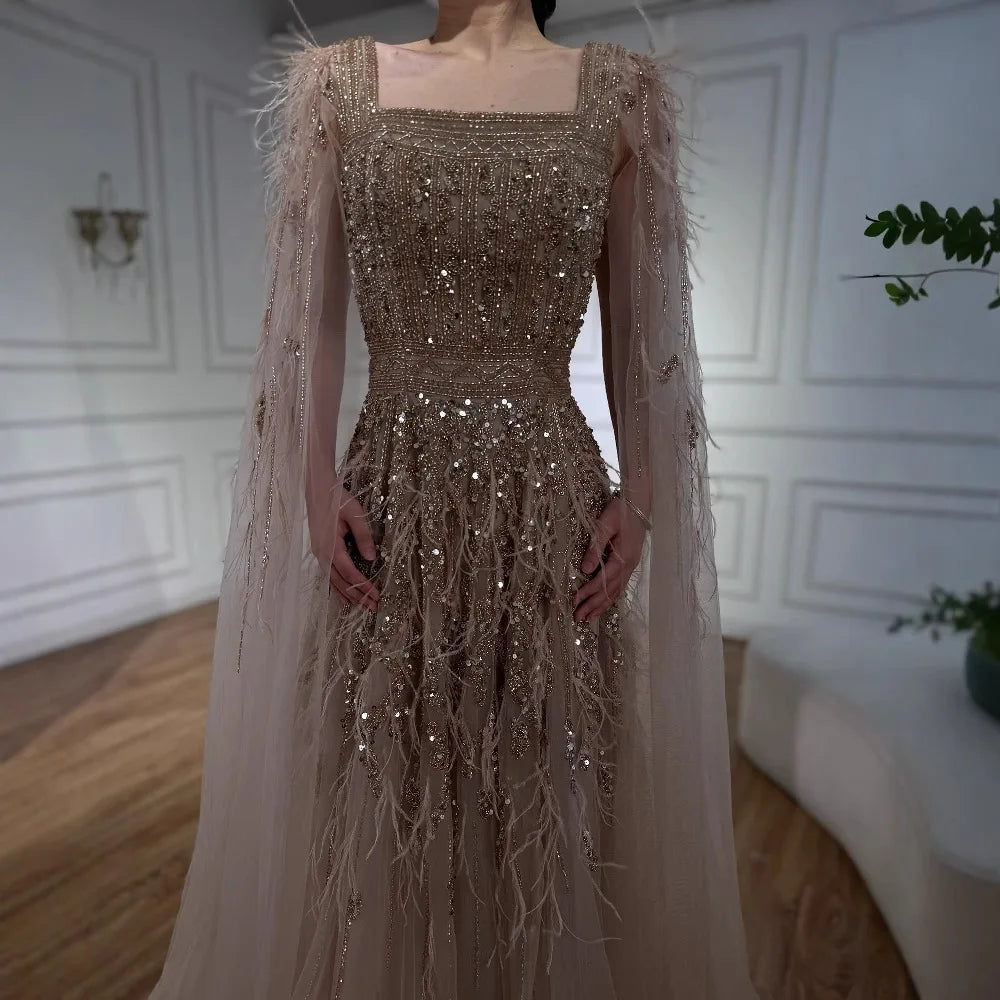 Elegant Blue Beaded Feather A-Line Evening Dress With Cape LA73043