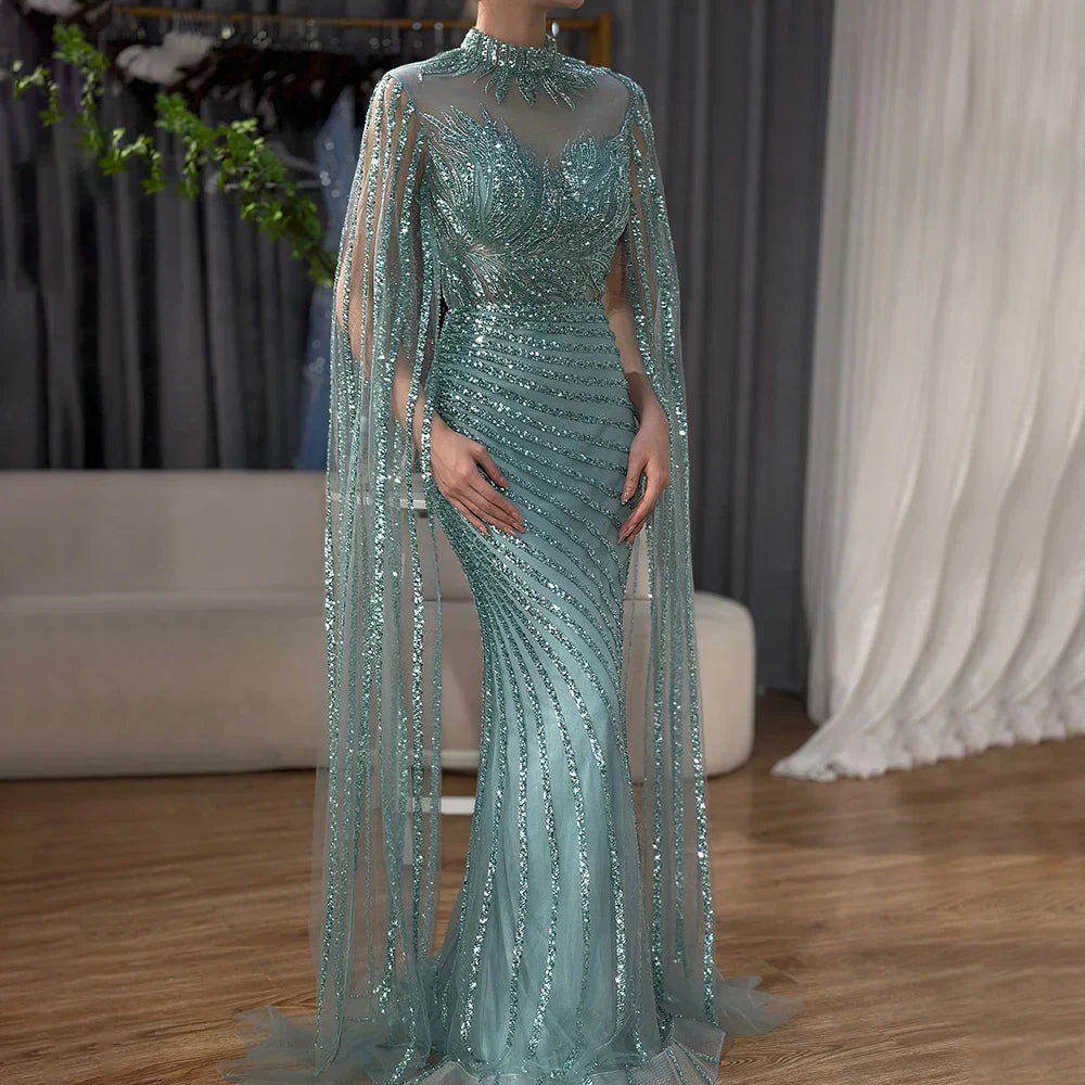 Luxury Dubai Arabic Nude Mermaid Long Evening Dresses With CapeLA71885B