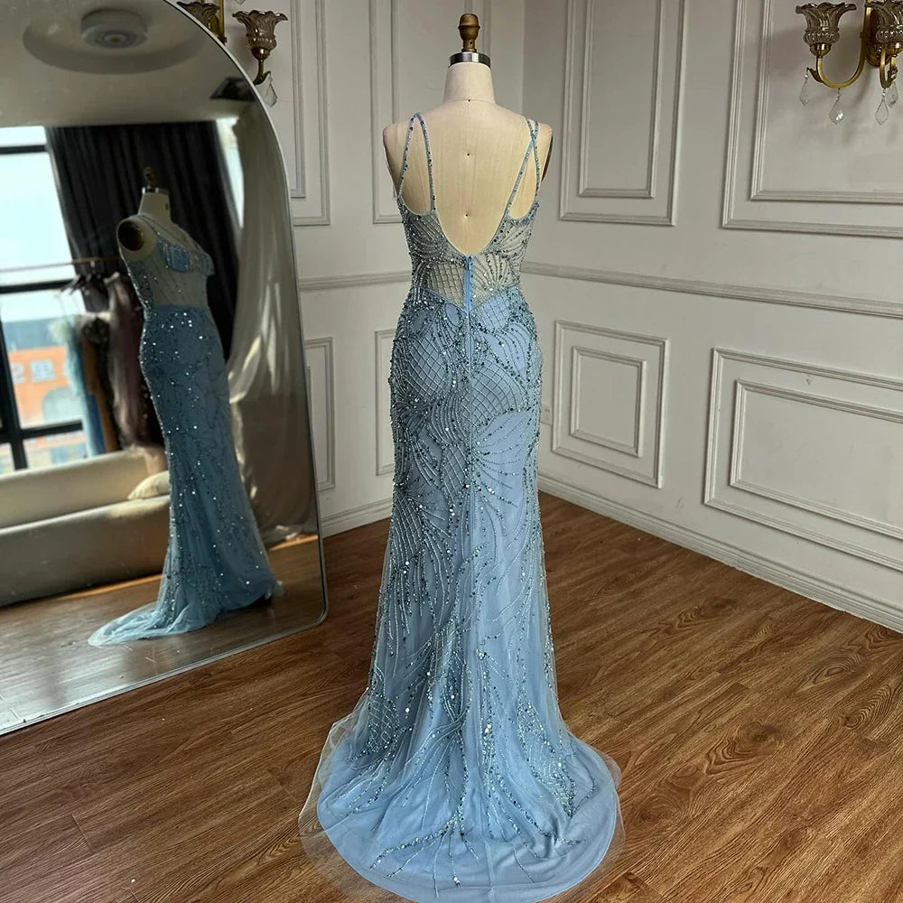 Luxury nude Spaghetti Strap Beaded Mesh Evening Dress LA72927