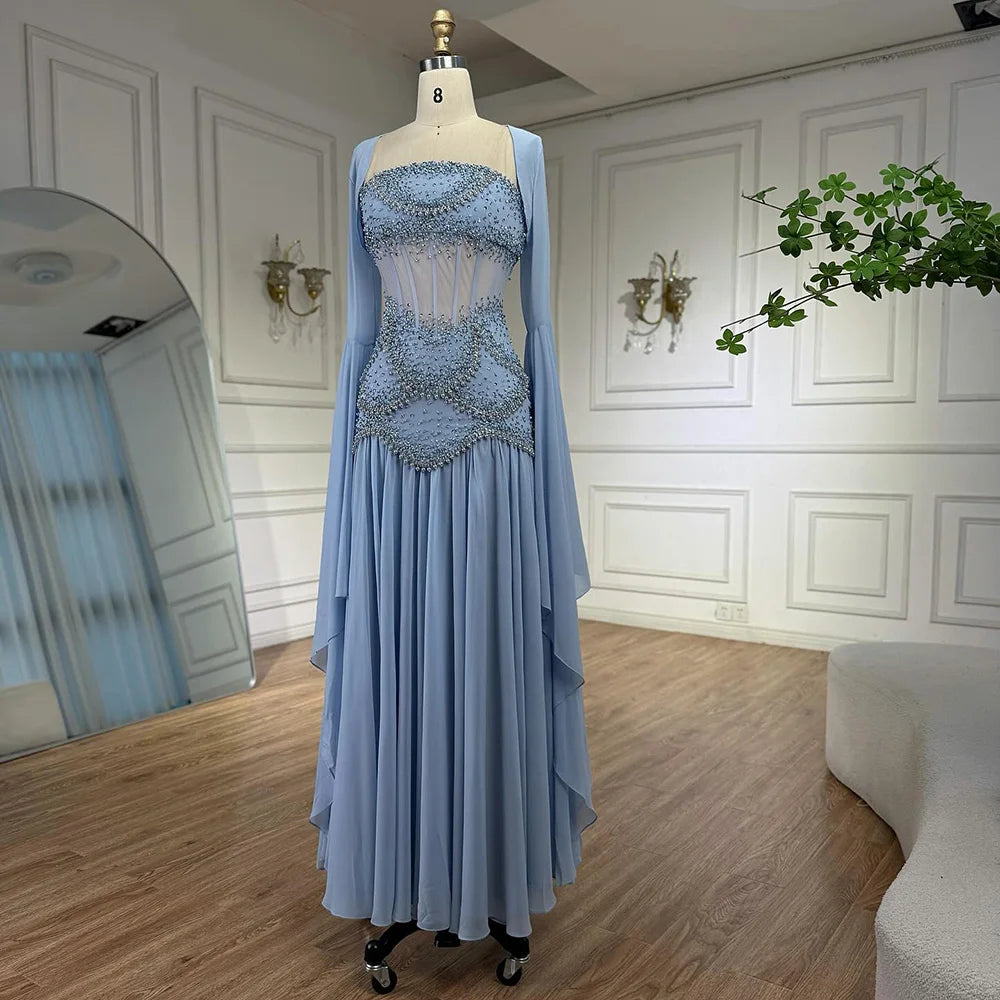 Luxury Blue Evening Dress with Pearls Tassels and Flowing Coat LA72978A