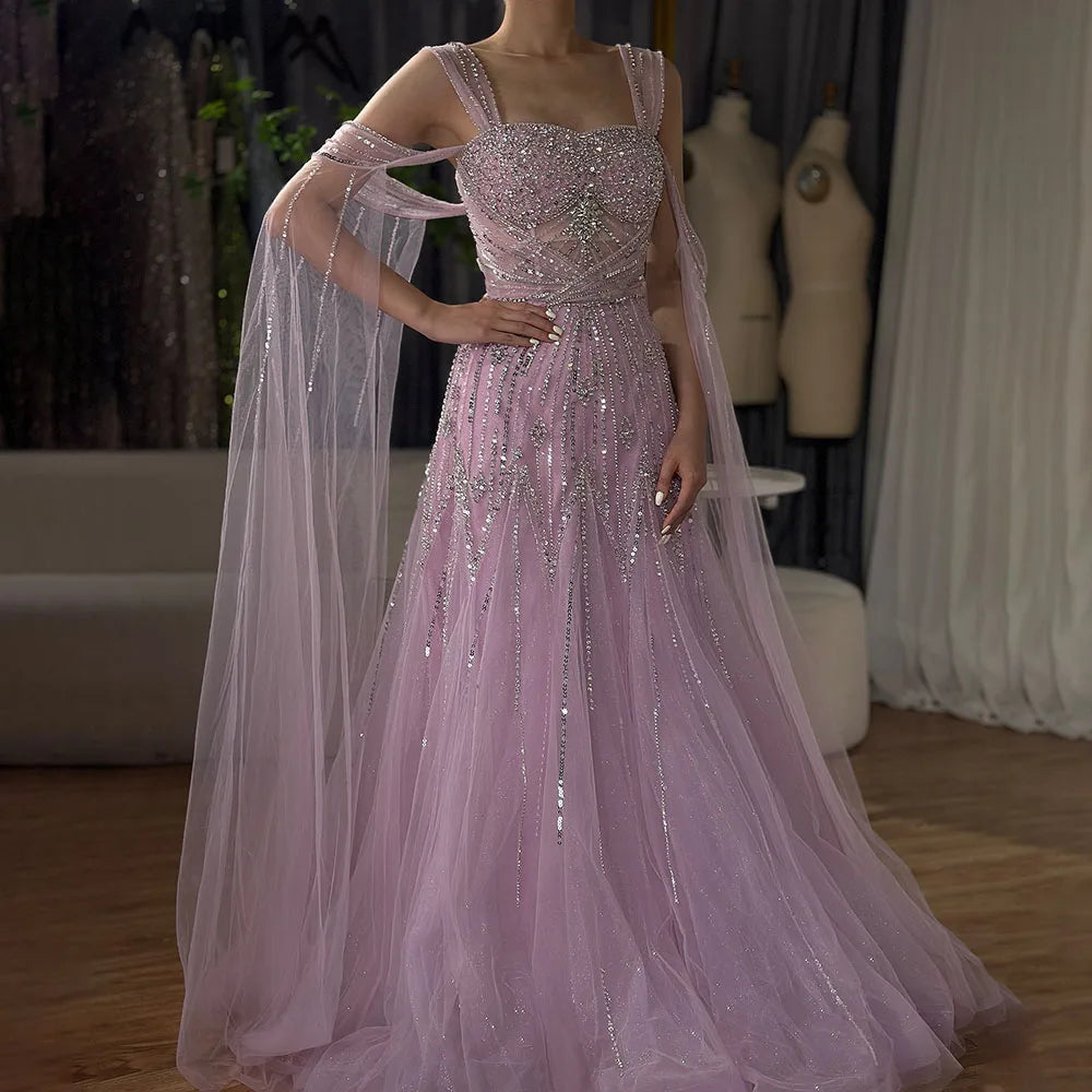 Luxury Dubai pink Beaded Spaghetti Strap Design A-Line Evening Dresses Gowns with Cape Sleeves for Formal Occasion LA72726