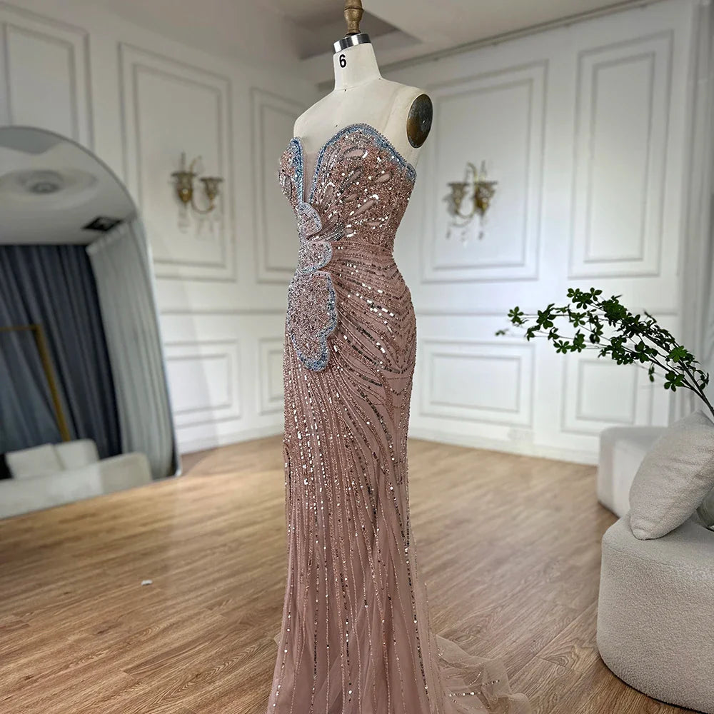 Luxury Dubai Saudi Arabic Pink Mermaid Evening Dress with High Split for Formal Occasion LA72480