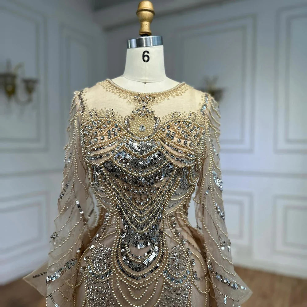 Luxury Arabic Nude Evening Dress Long Sleeve Overskirt LA72971