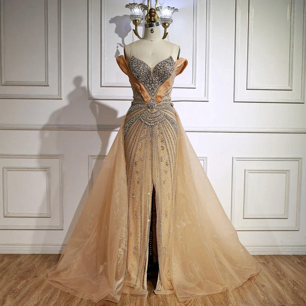 Luxury Nude Beaded Mermaid Evening Dress with Overskirt and Slit LA73034
