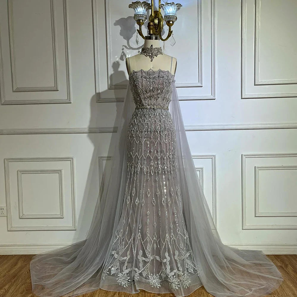 Luxury Nude Beaded Mermaid Evening Dress with Cape LA72711