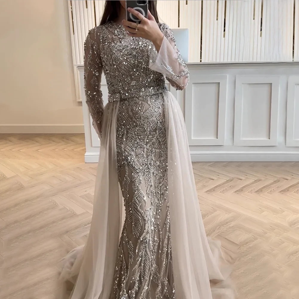 Luxury Dubai Turquoise Beaded Evening Dress with Tulle LA72601