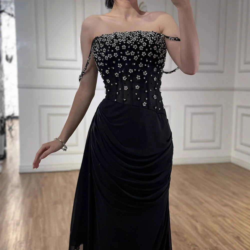 Luxury Black Beaded Mermaid Prom Dress with Spaghetti Straps LA73047