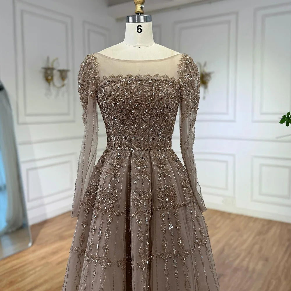 Luxury Caramel A-Line Beaded Evening Dress with Long Sleeves LA73077