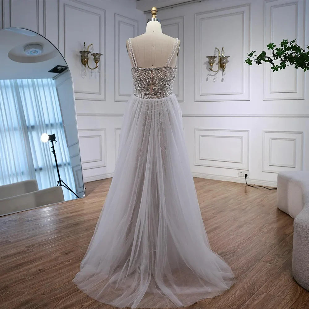 Nude Beaded Arabic Evening Gown with Spaghetti Straps LA72253A