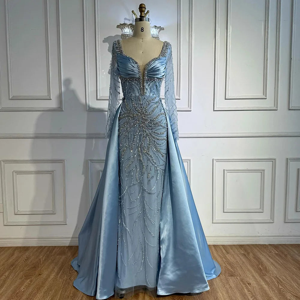 Luxury Muslin Blue hijab Evening Dress With Long Sleeves LA72963