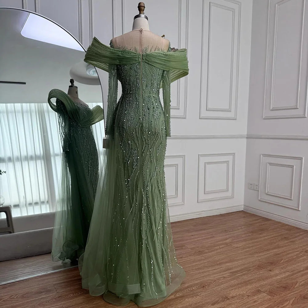 Elegant Sage Green Beaded Evening Dress with Flowing Hem LA72928