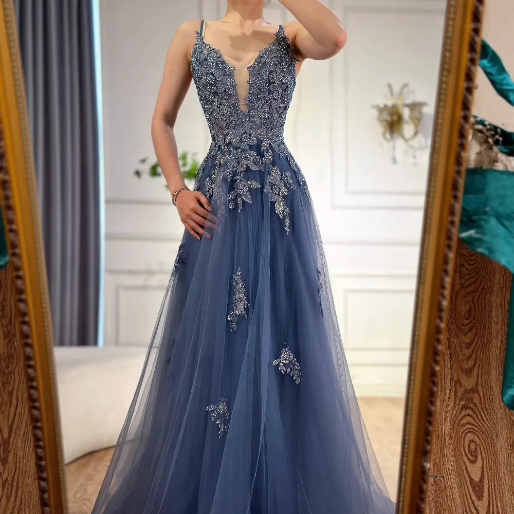 Luxury Sage Green Lace A-Line Prom Dress with Spaghetti Straps LA73005