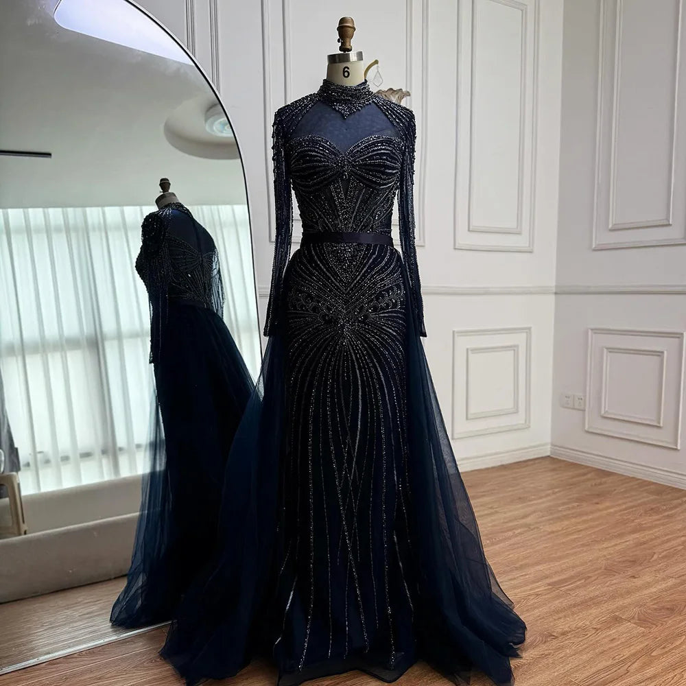 Luxury Nude Modest Beaded Evening Dress Long Sleeves With Overskirt LA72990