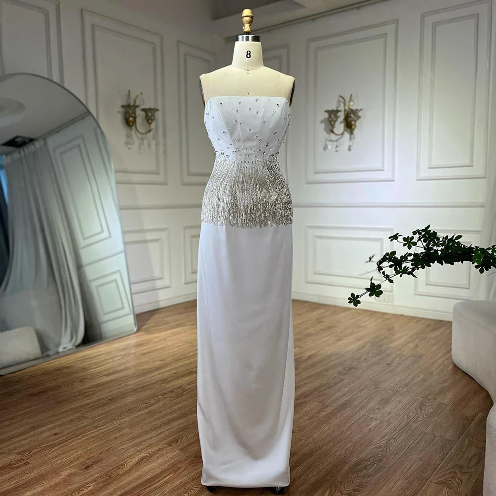 Luxury Dubai Saudi Nude Pink Arabic Mermaid Evening Dresses Gowns Beaded Tassel for Occasion LA72804