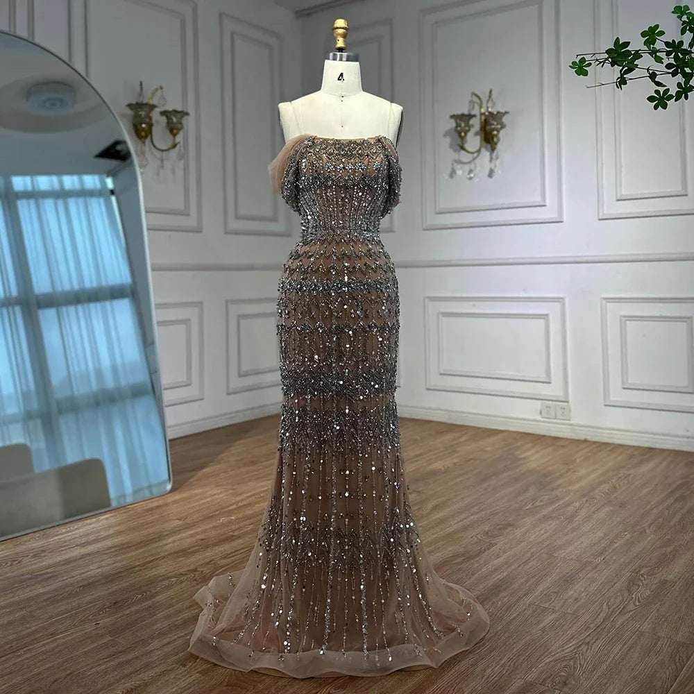 Luxury White Mermaid Beaded Evening Dress with Short Sleeves LA72714