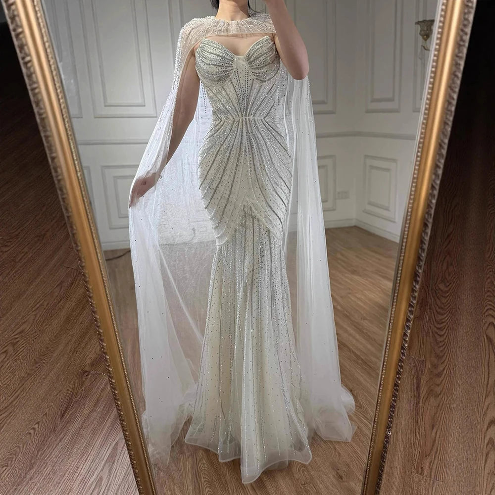 Luxury Blue Beaded Evening Gown with Detachable Cape LA72784