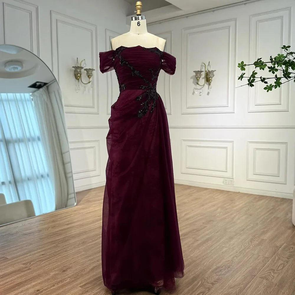Elegant Wine Red Off Shoulder Lace Evening Dress with Appliques LA73010