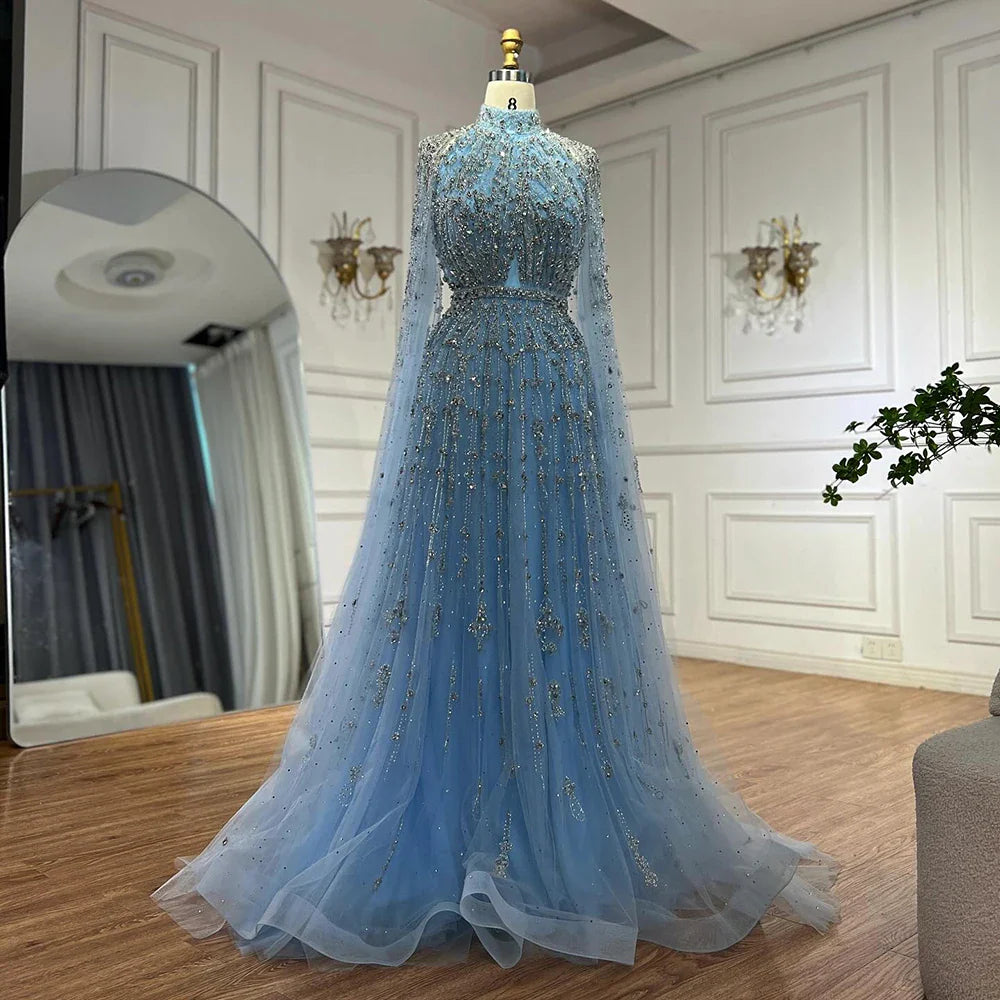 Luxury Blue Beaded A-Line Evening Gown with Cape Sleeves LA71803G