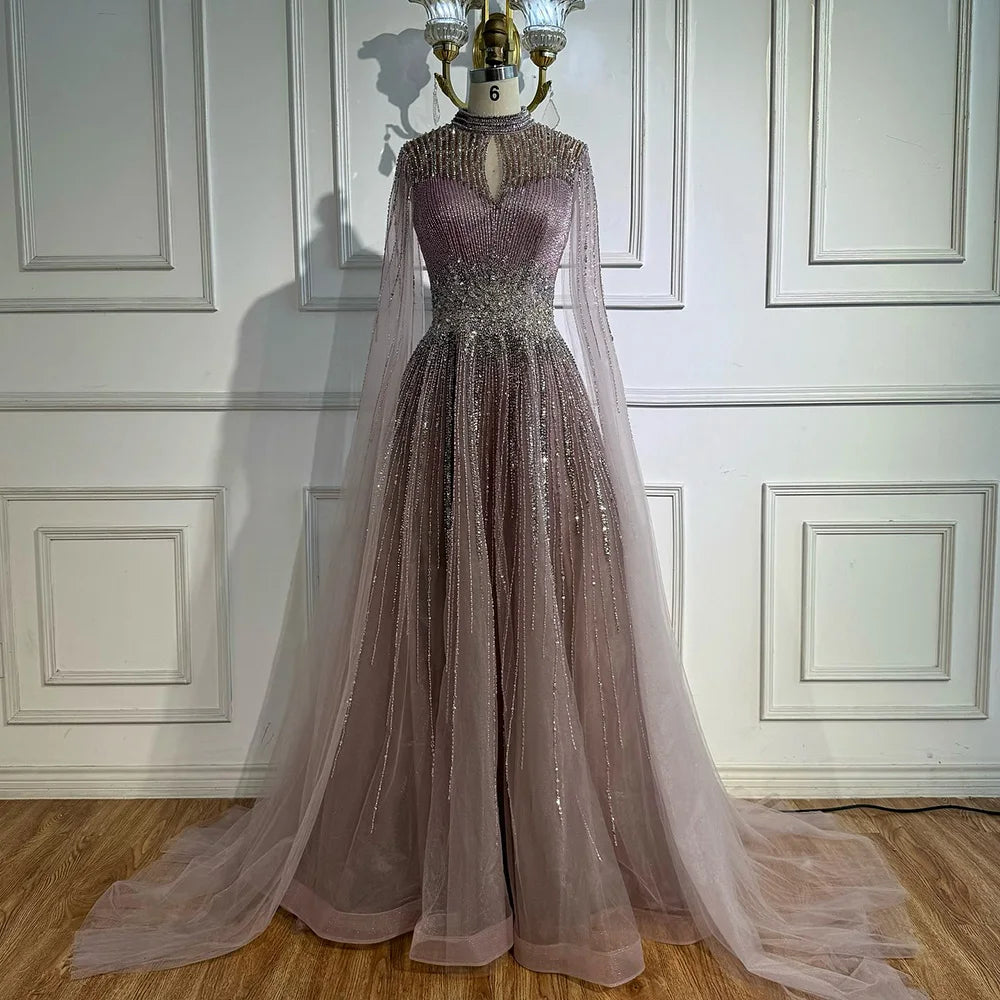 Luxury Modest Blue Beaded Evening Dress with Cape LA73059