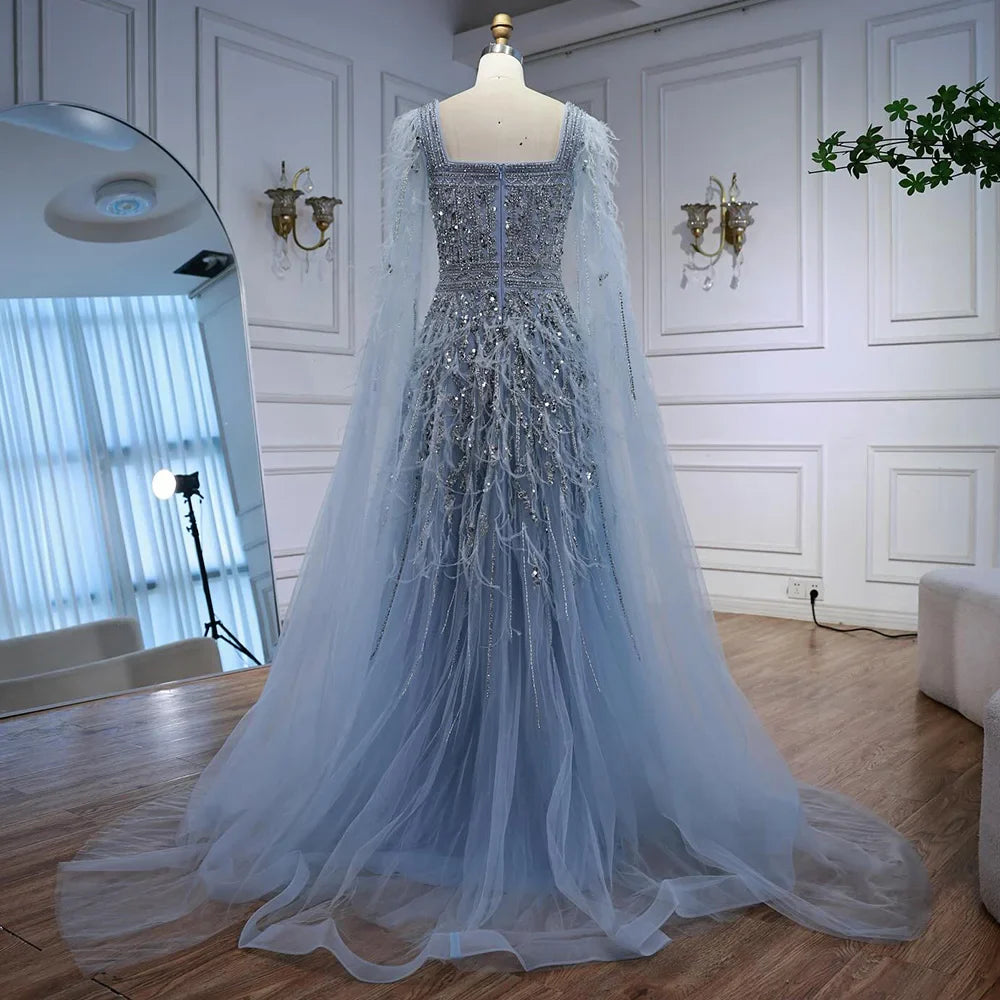 Elegant Blue Beaded Feather A-Line Evening Dress With Cape LA73043