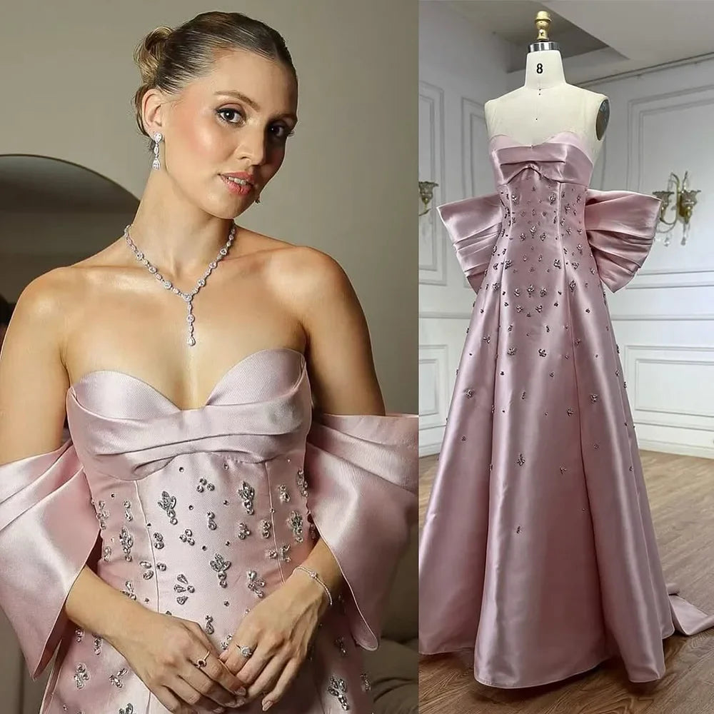 Pink Satin Strapless Mermaid Evening Gown with Big Bow LA72414B