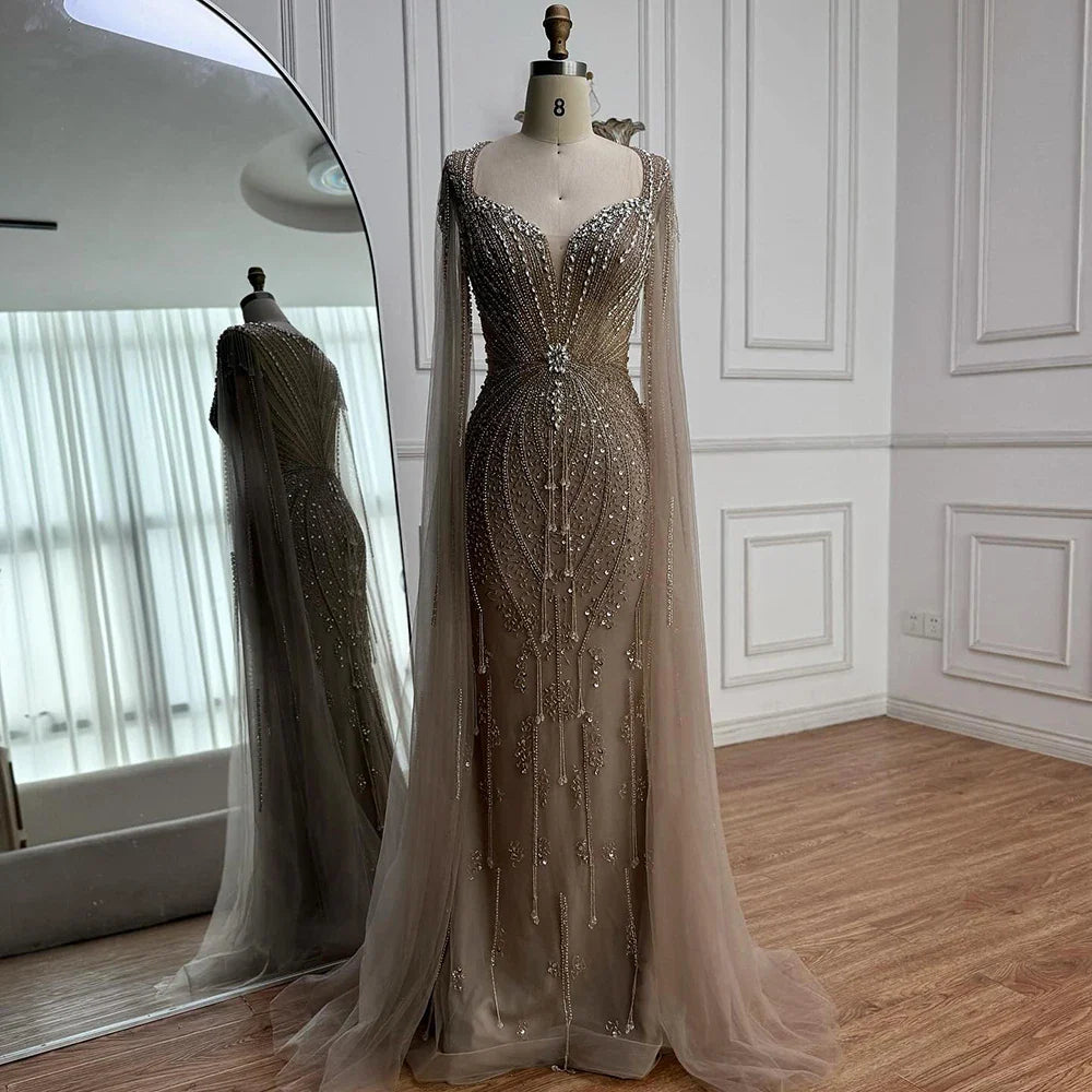Luxury Designer Beige Beaded Evening Dress with Cape Sleeves LA72992