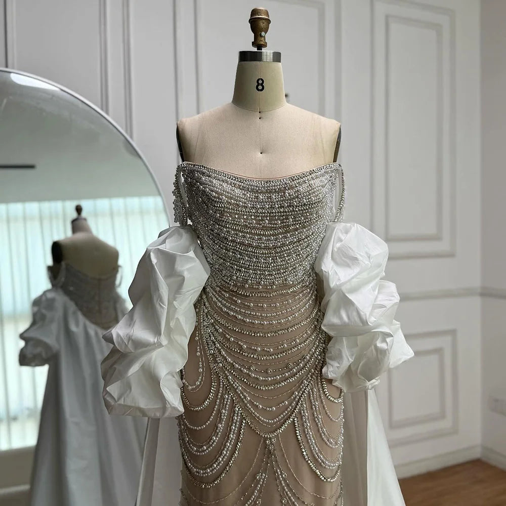 White Nude Beaded Mermaid Evening Dress with Satin Cape LA72253B