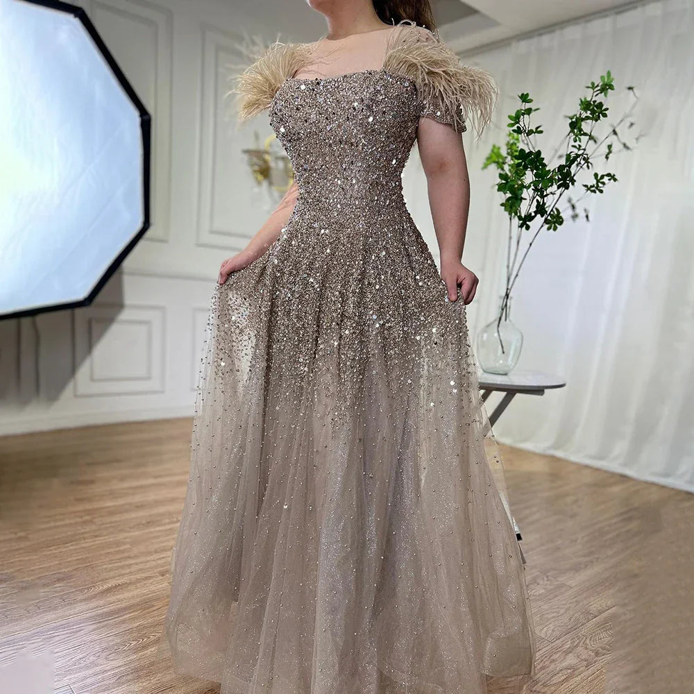 Luxury Caramel Feather Beaded A-Line Evening Dress LA71720
