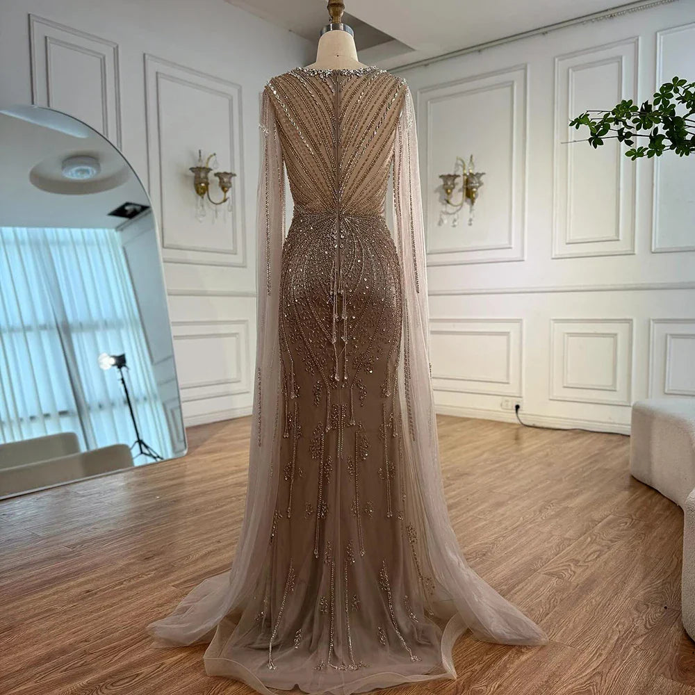 Luxury Designer Beige Beaded Evening Dress with Cape Sleeves LA72992