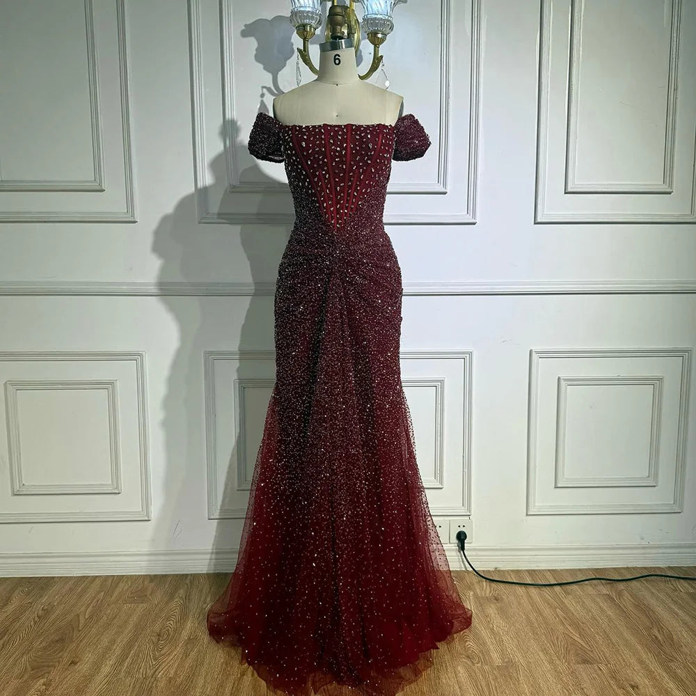Luxury Designer Beaded Silver Nude Mermaid Evening Dress LA72905