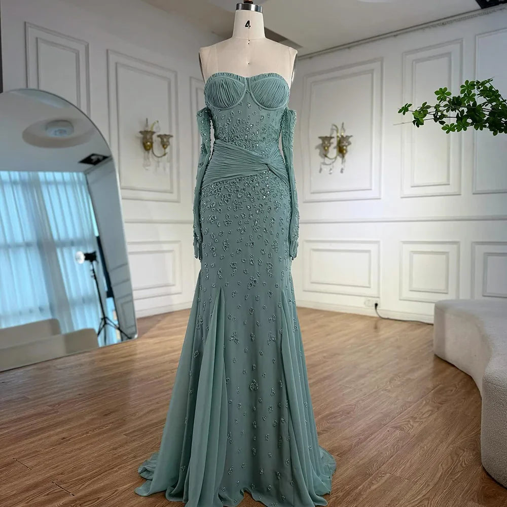 Luxury Turquoise Strapless Beaded Evening Dress with Gloves LA72933