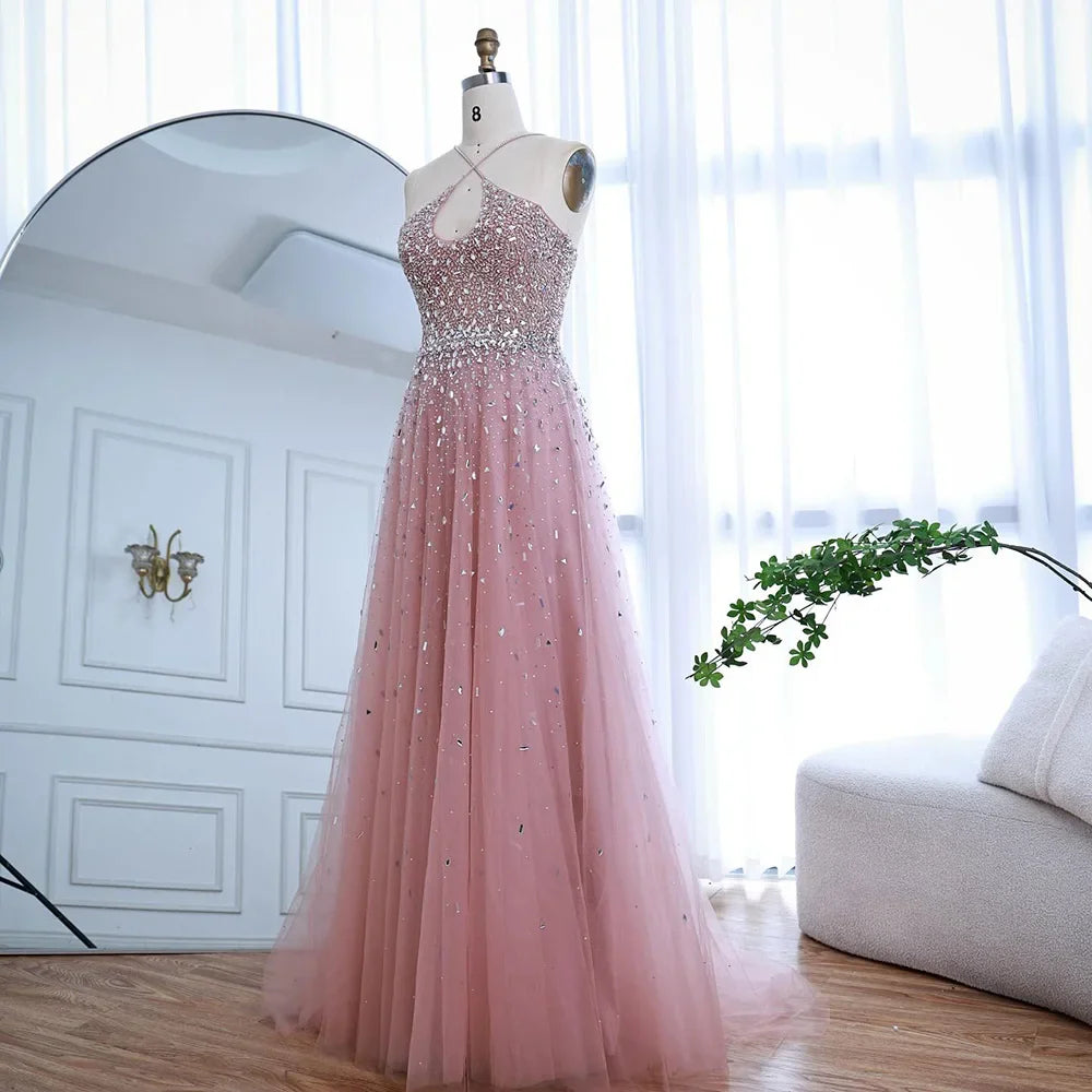 Caramel Halter Beaded Tulle A-Line Evening Gown Dubai Saudi LA72863