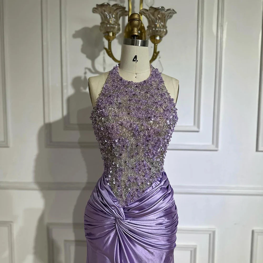 Luxury Dubai Lilac Halter Neck Satin Split Mermaid Evening Dress LA72668