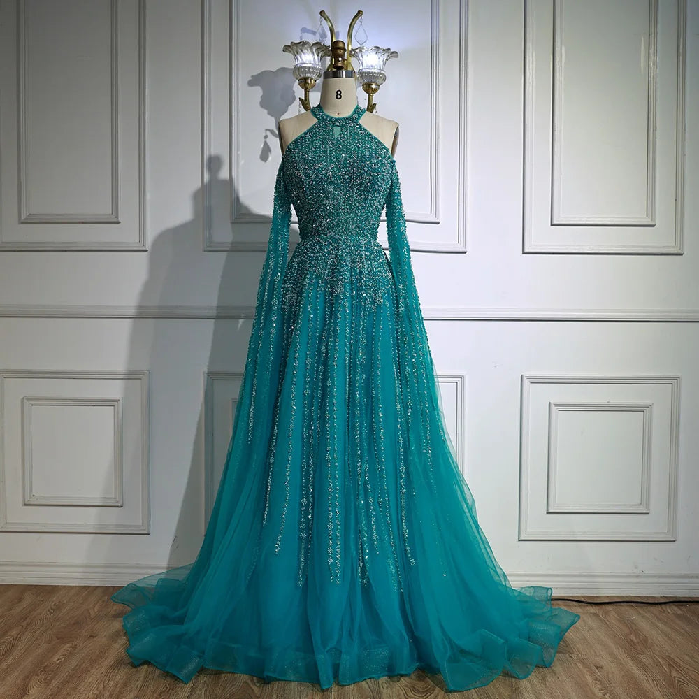 Luxury Turquoise Beaded A Line Evening Dress with Cape Sleeves LA72820