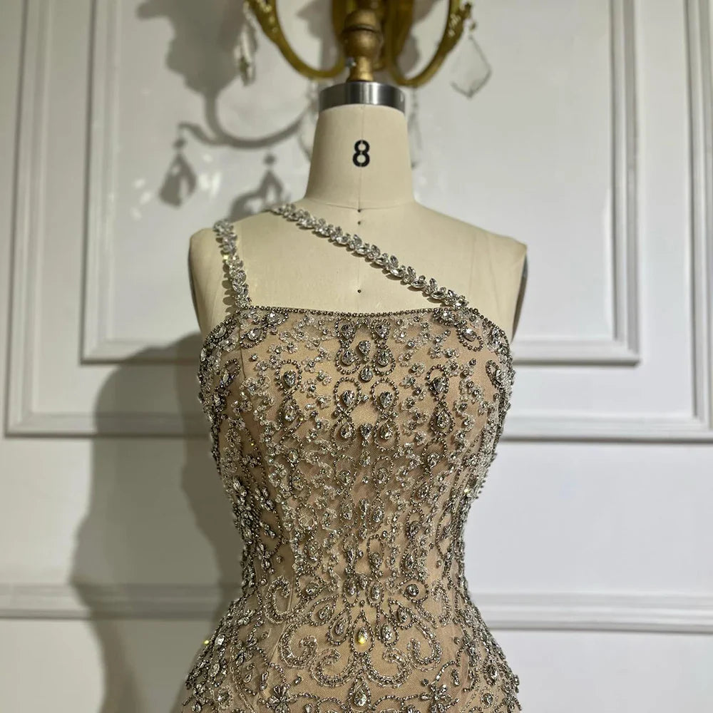 Luxury Dubai Elegant Nude One Shoulder Beaded Evening Dresses Gowns for Formal Occasion LA72791
