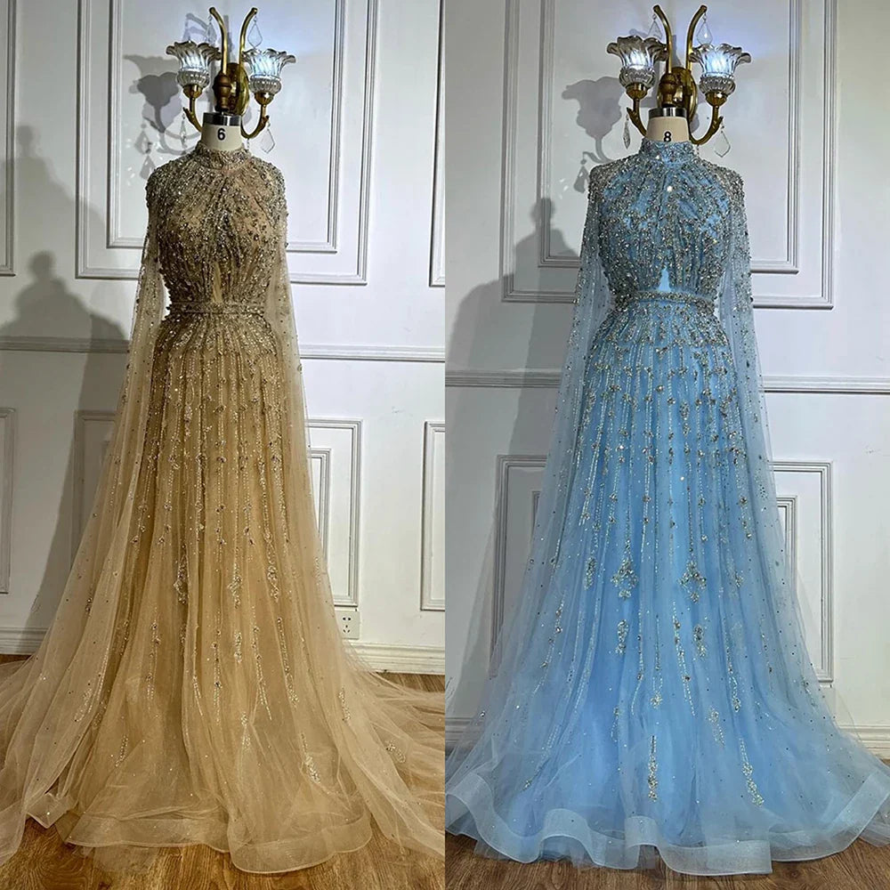 Luxury Blue Beaded A-Line Evening Gown with Cape Sleeves LA71803G