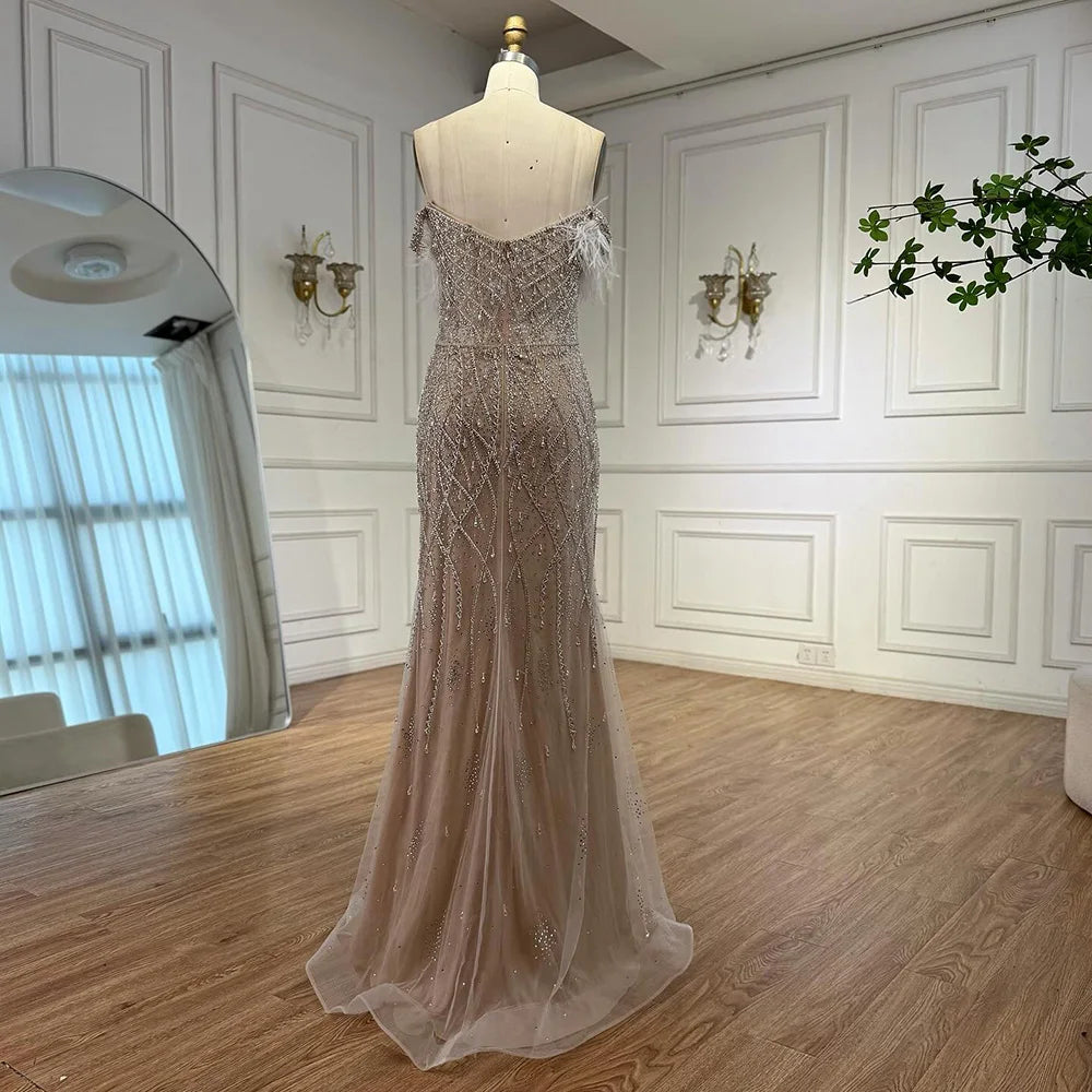 Luxury Nude Beaded Feather Mermaid Evening Dress Dubai Style LA72818