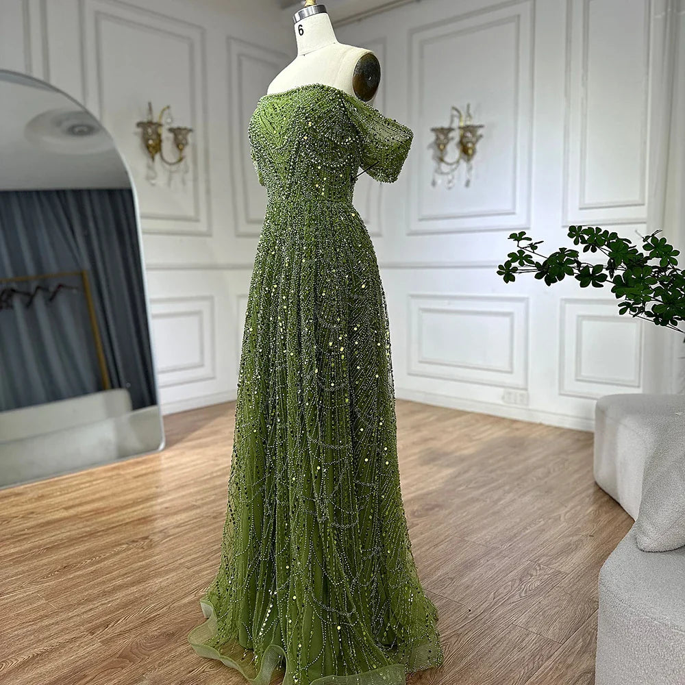 Luxury Beaded Champagne Off-Shoulder Evening Dress LA72738