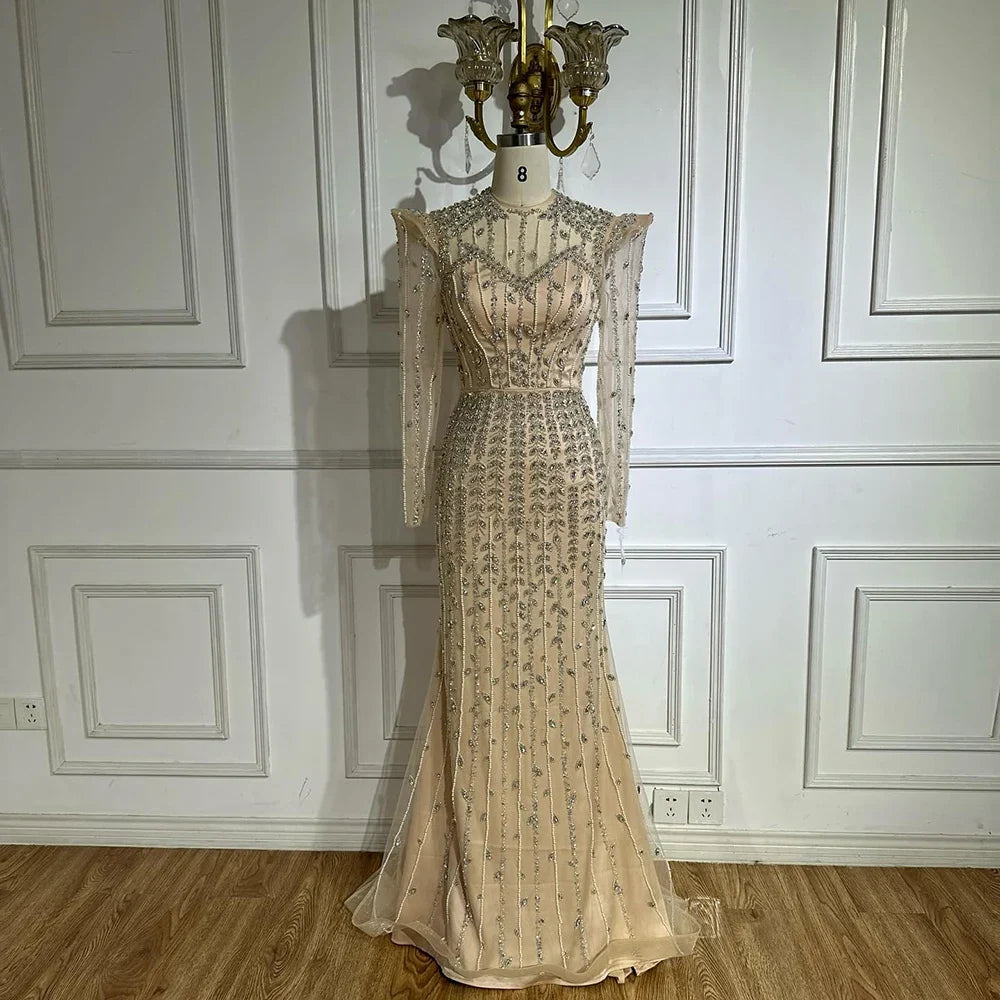 Luxury Dubai Pink Elegant Pearls Beaded Mermaid Evening Dress LA72826
