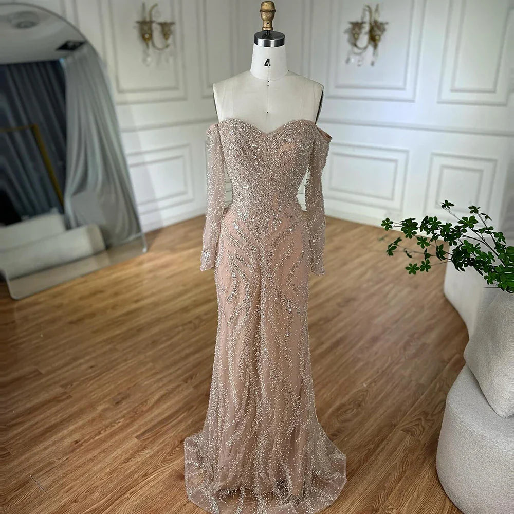 Luxury Beaded Evening Dress Off-Shoulder Long Sleeves Sequins LA72824A