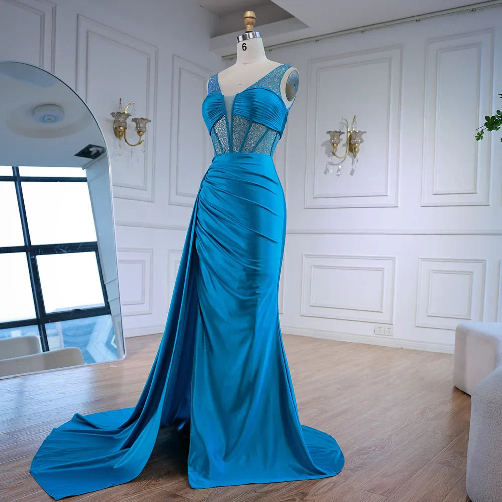 Corset Blue Prom Dress with Side Overskirt Spaghetti Straps LA73011